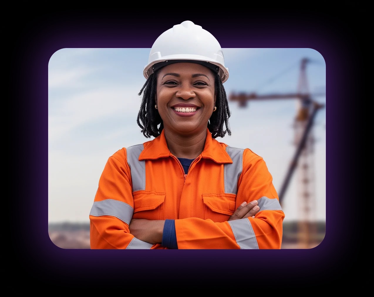 Engenheira com capacete de segurança e uniforme laranja sorrindo em um canteiro de obras